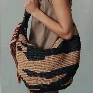 Free People Santorini Straw Tote Bag Black & Neutral Woven Raffia NWT